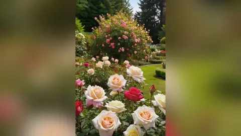 Beautiful blooming pink and white roses in a lush summer garden setting with vibrant green foliage.