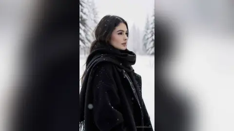 Young woman in a cozy black winter coat and scarf posing in a serene snowy forest landscape.