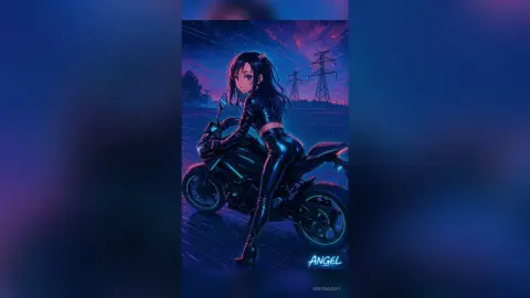 Anime girl in black leather outfit riding a motorcycle under a moody purple twilight sky.