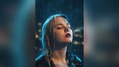 Blonde woman in dark clothing standing in the rain at night with a moody, cinematic expression.