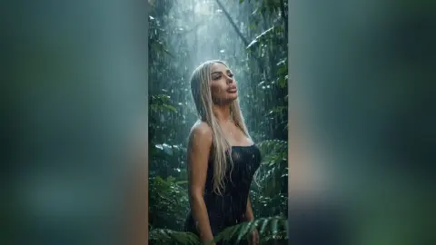Kym stands in a lush green jungle setting while rain falls on her long blonde hair and black bodysuit.