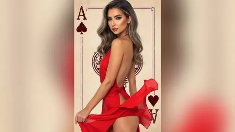 Glamorous woman in a flowing red backless dress posing against a vintage Ace of Spades playing card background.
