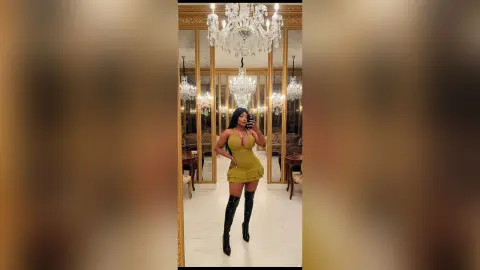 Glamorous woman in a mustard yellow mini dress and black boots posing in a luxury mirrored ballroom.