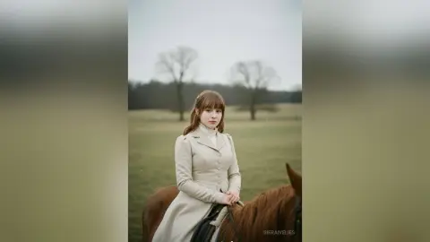 Elegant woman in a vintage cream dress riding a brown horse through a misty, moody meadow field.