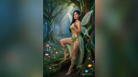 Ethereal fairy woman in a green flowing gown with wings standing in a magical glowing forest.