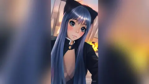 Anime girl with long blue hair wearing a black cat ear cosplay outfit in a soft cinematic lighting setting.