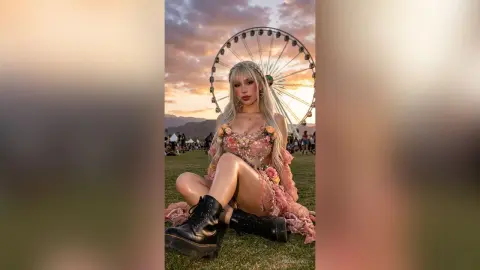 Blonde woman in a floral pink dress and black combat boots sitting on grass by a Ferris wheel at sunset.