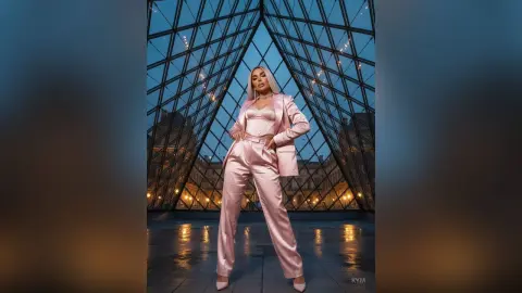 Stylish woman in a pink satin pantsuit posing confidently under a modern glass geometric architecture at dusk.