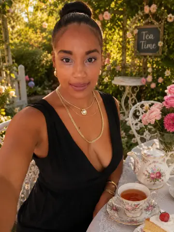 Elegant woman in a black dress enjoying tea time in a sunny, blooming rose garden.