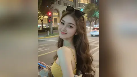 Smiling young woman in a yellow tank top walking on a city street at night.
