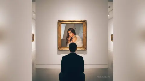 Elegant woman in a white dress reflected in a gold mirror while a man in a black suit watches in a modern art gallery.