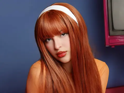 Redheaded woman in orange top and white headband posing with a retro aesthetic against a blue background.