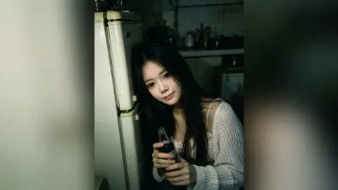 JamieJoanne — JamieJoanne leans against a white refrigerator in a kitchen, holding a glass bottle and wearing a white knit sweater.