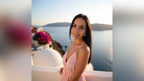 Smiling woman in a pink sundress enjoying a sunny summer day on a white balcony overlooking the ocean.