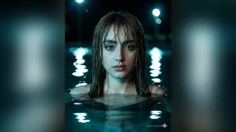 Wet-haired young woman emerging from dark water at night under moody teal moonlight.