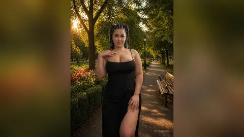 Smiling woman in a black summer dress standing on a sunlit park path surrounded by lush green trees.