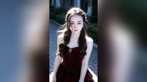 Elegant woman in a dark red velvet corset dress posing outdoors in soft natural lighting.