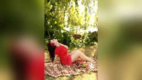 Cheerful woman in a red polka dot outfit relaxing on a picnic blanket with watermelon in a sunny garden.