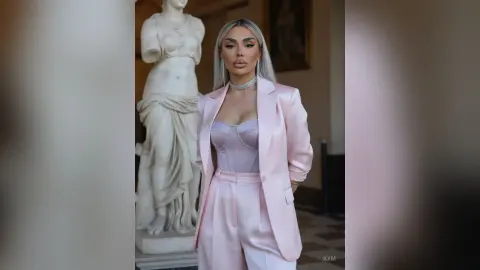 Elegant woman in a pale pink satin suit posing confidently next to a classical white marble statue.