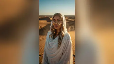 Blonde woman in flowing white ethereal gown and gold headpiece posing in a serene desert landscape at sunset.