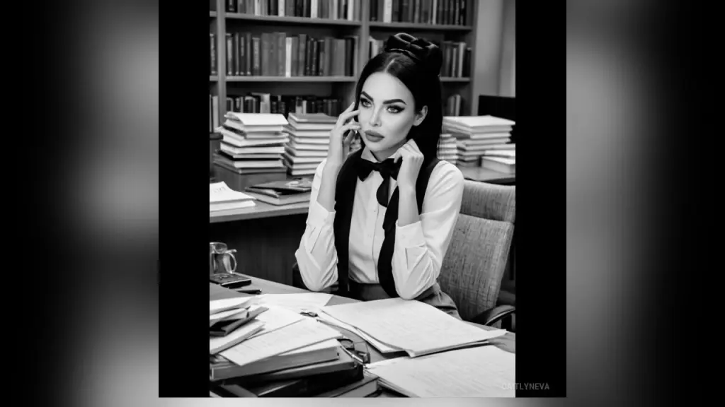 CaitlynEva — Elegant woman in a white blouse and black bow tie sitting at a desk in a moody library setting.