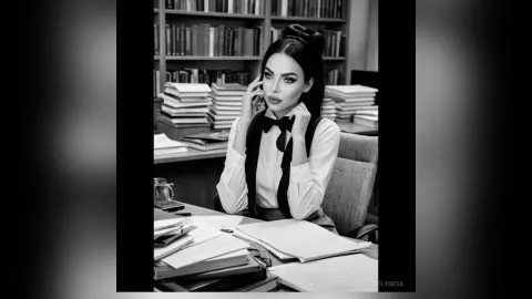 Elegant woman in a white blouse and black bow tie sitting at a desk in a moody library setting.