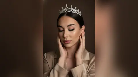 Elegant woman wearing a silver crystal tiara and satin blouse in a soft, moody studio setting.