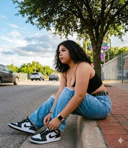 Young woman in black tank top and blue jeans sitting on a curb outdoors under leafy green trees.