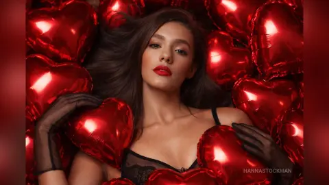 Glamorous woman in black lace outfit reclining amidst red heart balloons for a romantic Valentine's Day mood.
