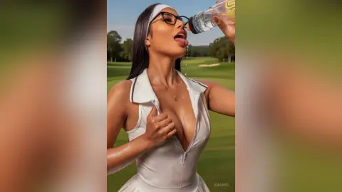 Woman in white sleeveless top drinking water on a sunny green golf course.