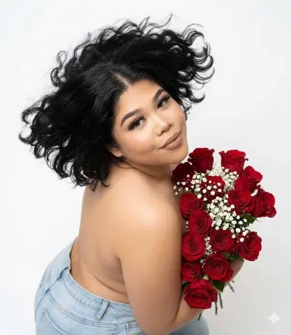 Smiling woman with curly black hair holding a bouquet of red roses in a bright studio setting.