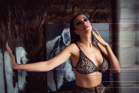 Glamorous woman in a leopard print bikini posing against a textured backdrop in moody lighting.