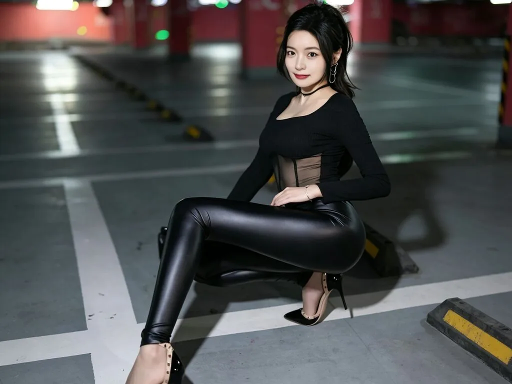 AliceBabson poses in a black long-sleeved top and tight black leggings while squatting on a concrete parking garage floor.