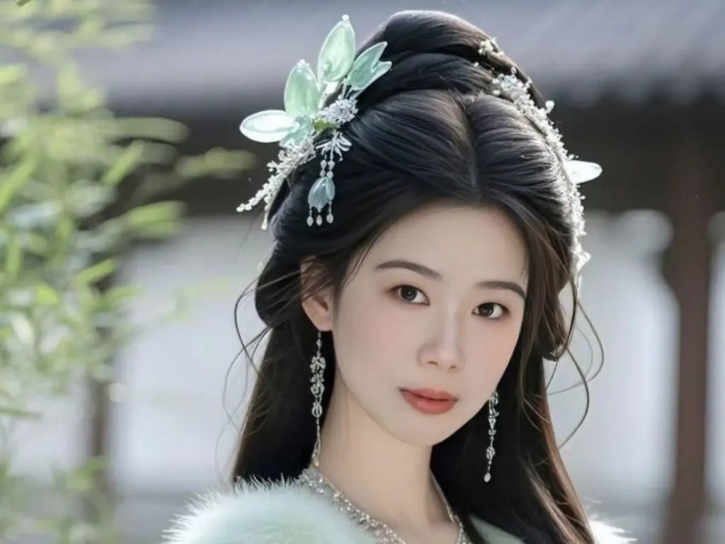 Young woman in traditional Chinese hanfu with elegant floral hair accessories in a serene garden setting.