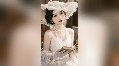 Elegant woman in vintage white lace dress and wide-brimmed sun hat reading a book in a classic indoor setting.