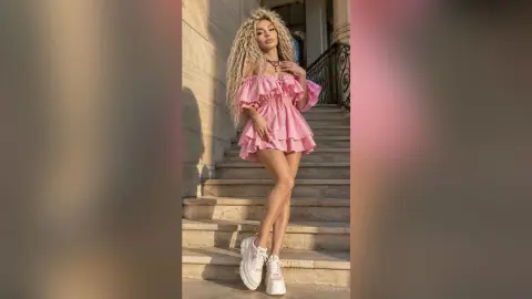 Blonde woman in a pink ruffled romper and white sneakers posing on stone stairs in warm sunlight.