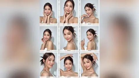 Collage of smiling young woman in white sleeveless top posing for aesthetic studio portraits.