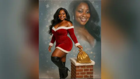 Smiling Black woman in a red velvet Christmas dress posing next to a gold gift bag and brick chimney.