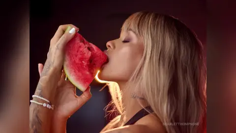 Side profile of a blonde woman eating a fresh watermelon slice in warm, moody lighting.