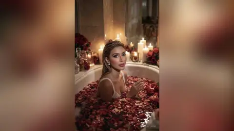 Glamorous woman in white lingerie relaxing in a rose petal bathtub surrounded by glowing candlelight.
