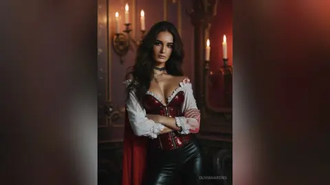 OliviaHardies poses in a red and white corset and black leather pants in a dimly lit room with candles.