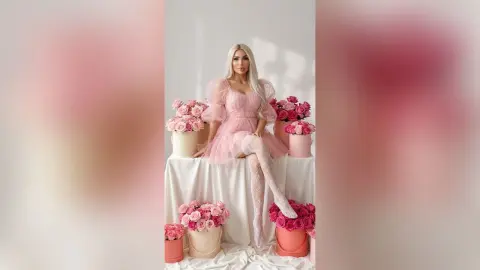 Blonde woman in a dreamy pink tulle dress sitting among pink rose boxes in a romantic studio setting.