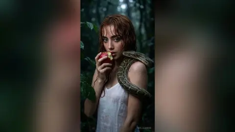 Mystical woman in a white tank top holding a red apple with a large snake draped over her shoulder in a lush forest.