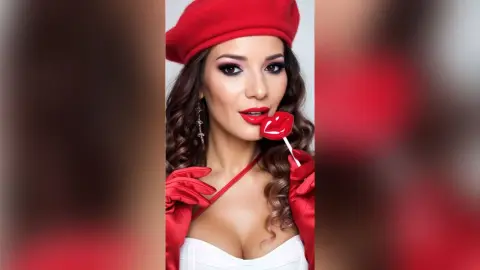 Glamorous woman in a red beret and gloves eating a red lollipop against a soft studio background.