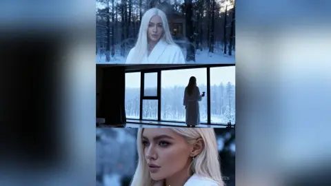 Elegant woman in a white robe gazing through a window at a serene snowy winter forest landscape.