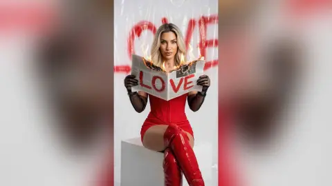 JessycaPage wears a red dress and tall red boots while holding a burning newspaper that says LOVE.