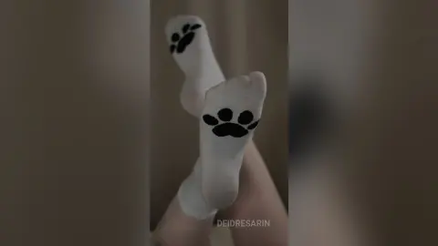 Close-up of white socks with black paw print patterns worn in a cozy, minimalist indoor setting.