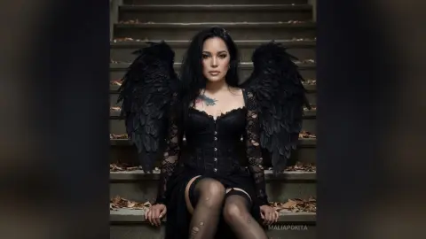 Mystical woman in a black lace corset and large black feathered wings sitting on stone stairs.