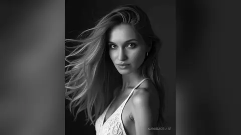 AuroraCruise poses with her long hair blowing to the side, wearing a white lace bra or camisole against a dark background.