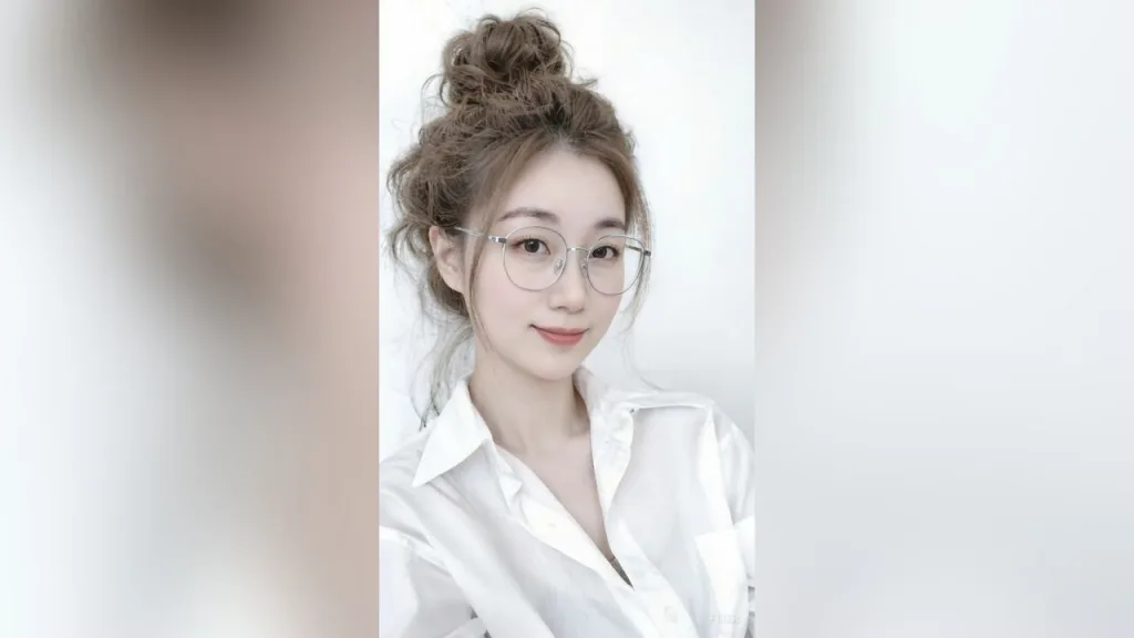 feier — feier wears glasses and a white button-down shirt while posing with her hair in a messy bun.